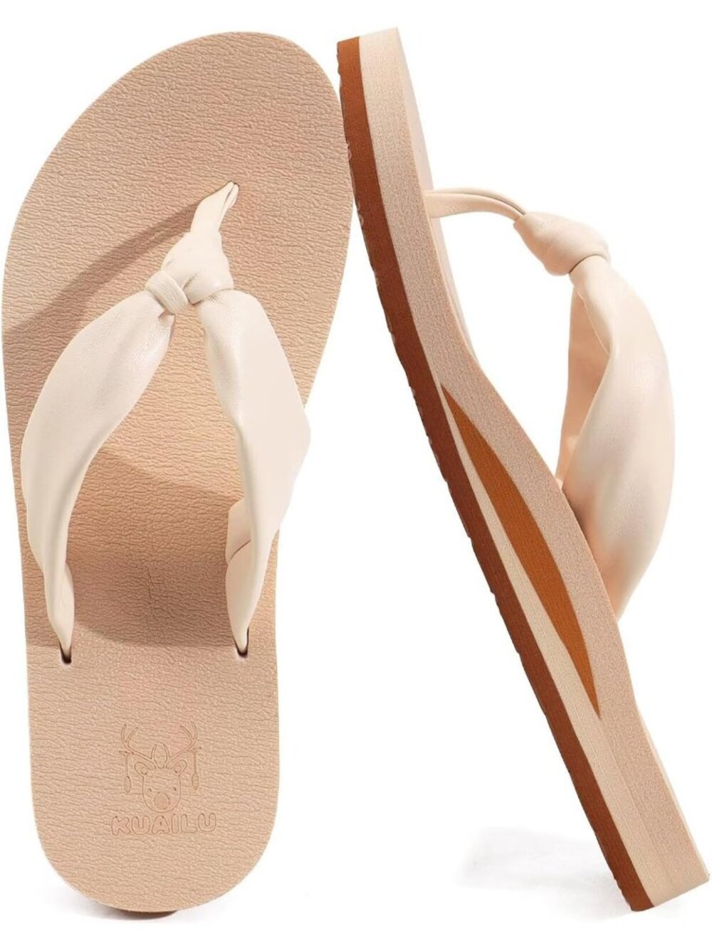 Women's Beige Faux Leather Summer Flip Flops With Arch Support Outdoor Slippers